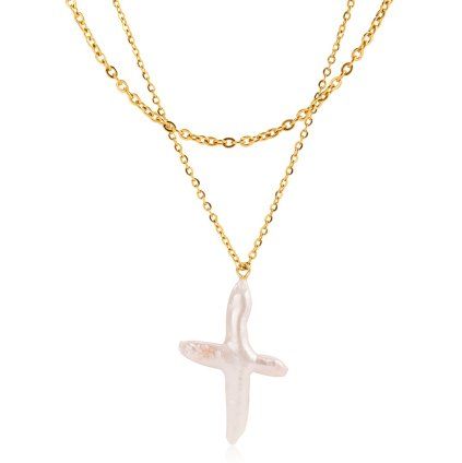 ELENYS Pearl Cross  pozlacený náhrdelník 18K žluté zlato